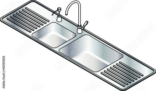 A twin bowl stainless steel kitchen sink with a swivel mixer tap and detergent dispenser.