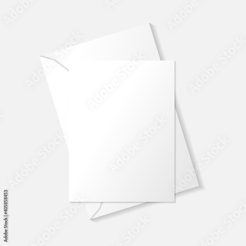 White vertical greeting card on envelope flat lay top view mockup template. Isolated on white background with shadow.