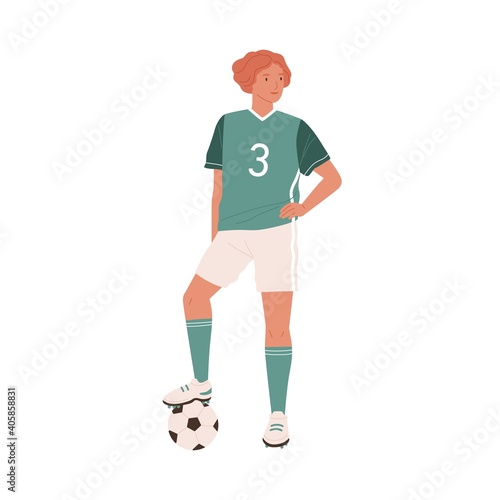 Young female football or soccer player standing with caught ball under her foot. Woman wearing green sports outfit, boots and stockings. Colored flat vector illustration isolated on white background