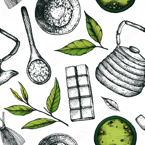 Vector illustration of seamless pattern ingredients for matcha tea leaves, cups, teapot. Tea pattern for packaging, wrapping or stationery