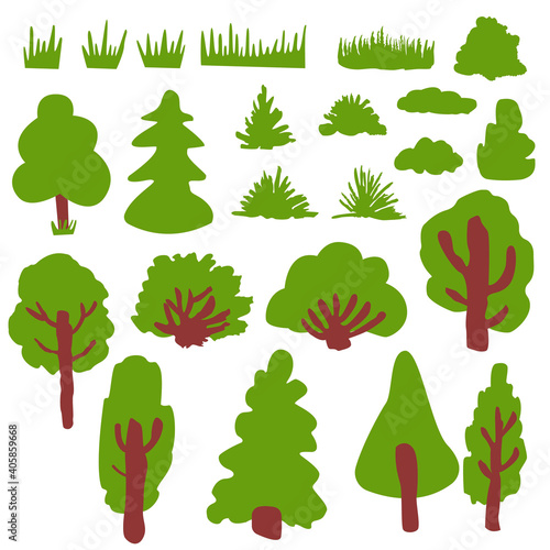 Collection with green deciduous tree, fir trees, bushes and grass. Various shapes. Shrub sculpture. Brown trunk and branches. Graphic elements. Cartoon style. Nature and ecology. Park, forest, garden