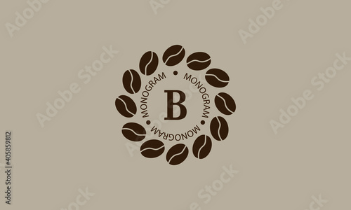 Coffee shop, vector logo on a light brown background. Creative vector sign, illustration of emblem with letter B. Minimalistic monogram on coffee background.