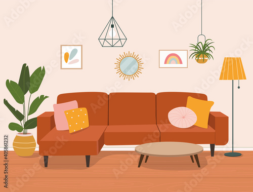 Furniture: sofa, bookcase, picture. Living room interior.Flat style cartoon vector illustration.