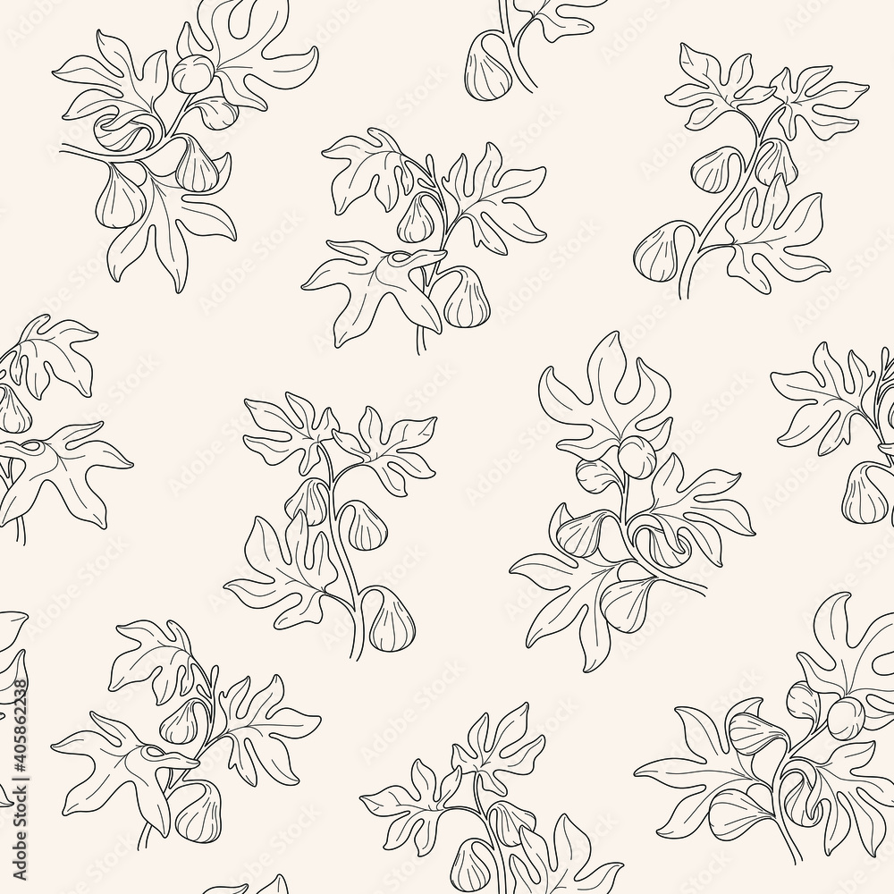 Branch of fig tree. Trendy contour seamless pattern with twig. Vector naturalistic illustration.