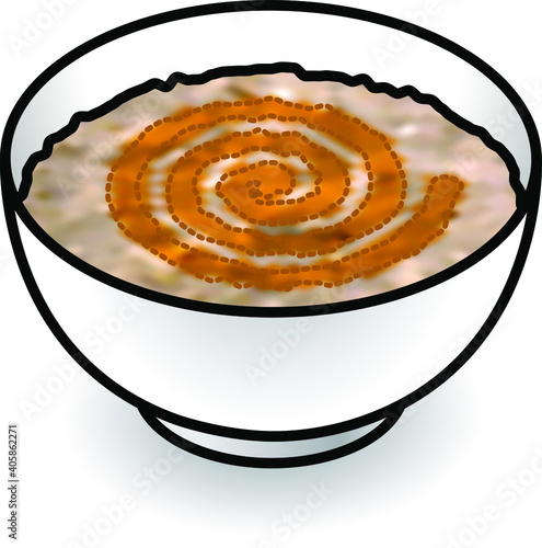 A hot bowl of porridge with a swirl of honey or golden syrup.