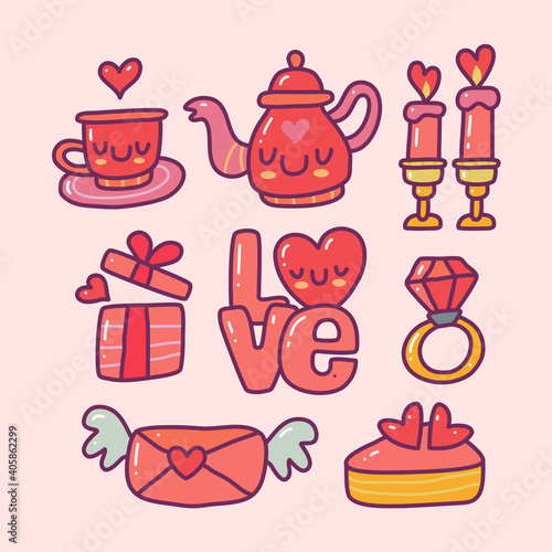 doodle collection set of valentine element on isolated background. Happy valentine's day