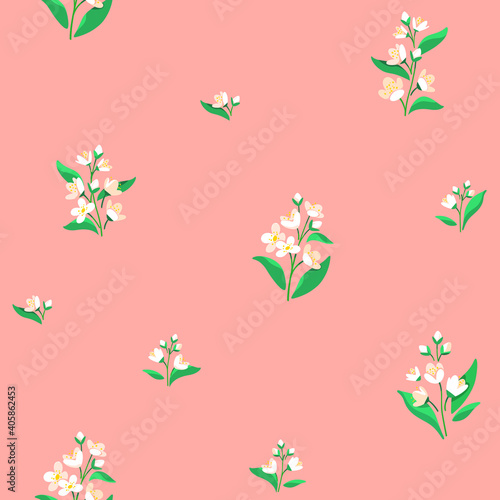 Branch of Jasmine tree. Trendy pattern with flower. Flat vector illustration.
