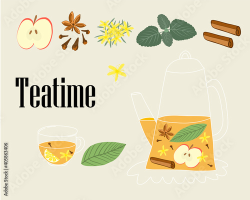 A transparent teapot and a cup of fragrant fruit herbal tea. Vector illustration for a recipe book or menu. A healthy drink with apple, mint, cinnamon,  star anise in a flat style. Cozy concept