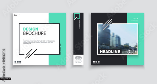 Abstract patch business cover design, brochure template. Cover set. Design of green and black geometric frames and quotes, booklet layout. Urban city, logo. Annual report, title. Ad text, company name