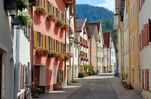 historic fairy tale street in the village of fussen in germany during lockdown because of coronavirus