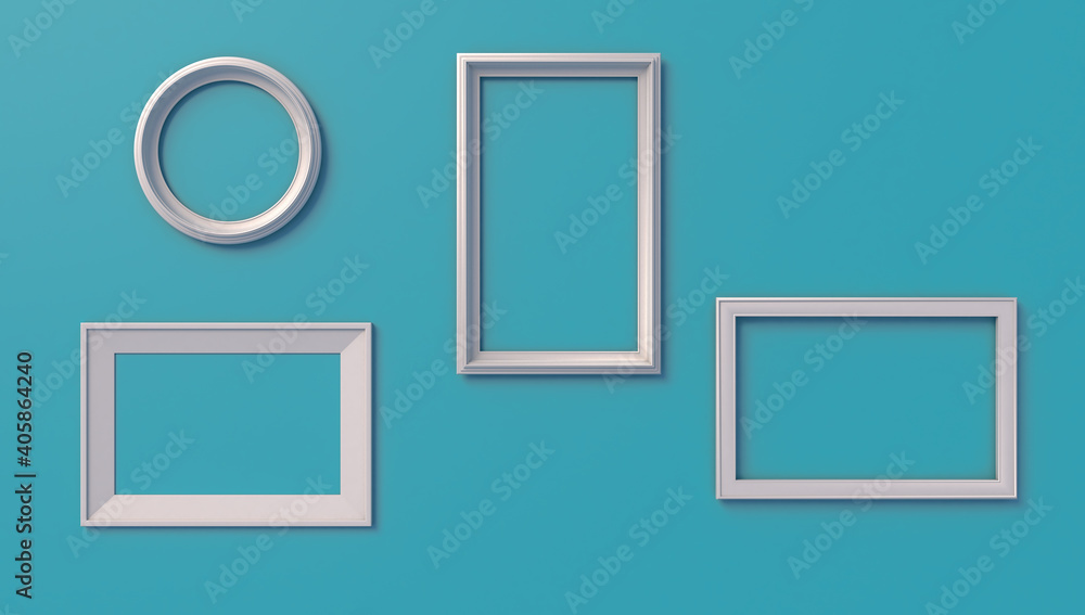 Set of empty frames on light blue background, 3d illustration. Set of empty frames on light blue background, 3d illustration.