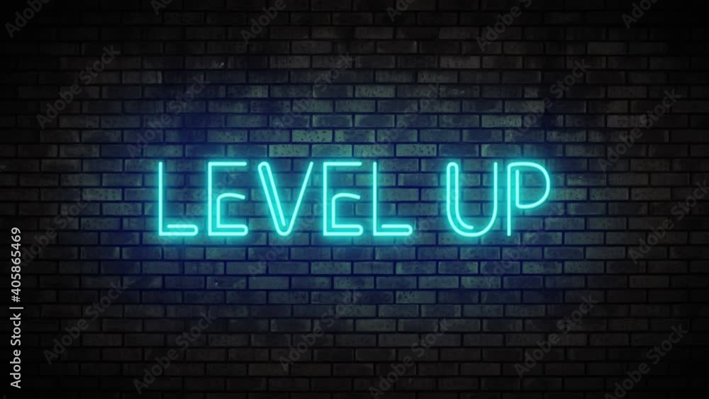 Neon level up on brick wall. Night Club Bar Blinking Neon Sign. Motion Animation. Video available in 4K FullHD and HD render footage. Neon level up on brick wall. Night Club Bar Blinking Neon Sign. Motion Animation. Video available in 4K FullHD and HD render footage.