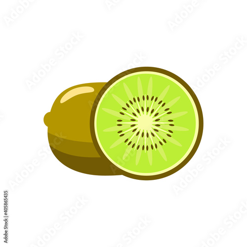 Tropical kiwi, isolated on a white background. Brown kiwi and round green kiwi slice. Icon. Cartoon style. Vector illustration in flat style
