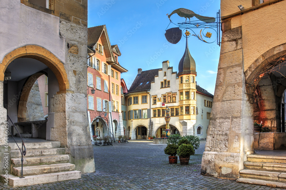 Guild houses in Ring Square, the old town of Biel / Bienne, Switzerland - obrazy, fototapety, plakaty 