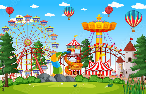 Amusement park scene at daytime with balloons in the sky