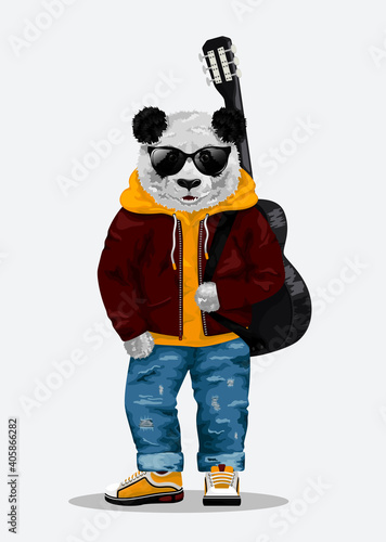 Cute bear panda toy in sunglasses carrying guitar. Vector illustration EPS10