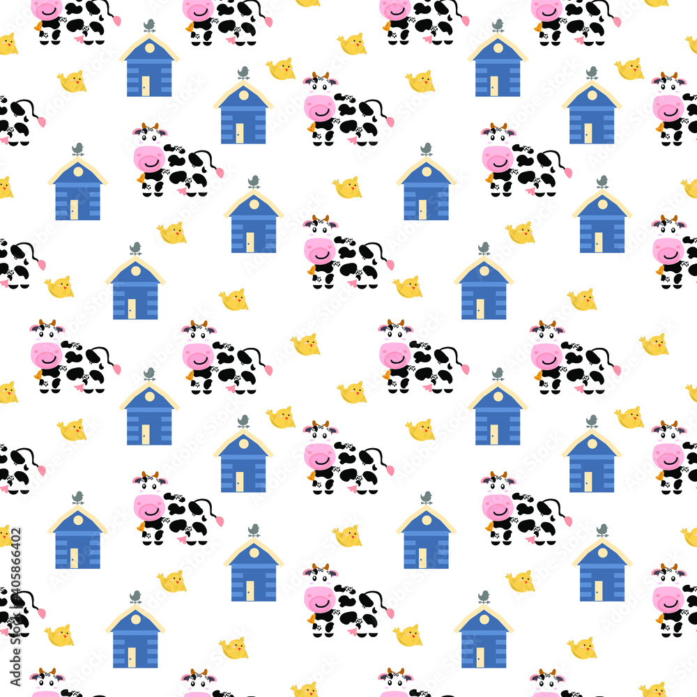 A seamless pattern with cows and country house in a flat style for children’s apparel, stationery, accessories, textiles. Vector Illustration. A seamless pattern with cows and country house in a flat style for children’s apparel, stationery, accessories, textiles. Vector Illustration.