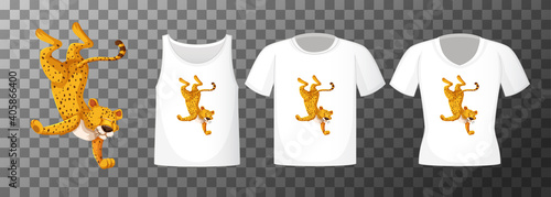 Leopard in dancing position cartoon character with many types of shirts on transparent background