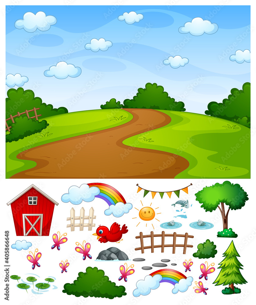 Blank nature scene with isolated cartoon character and objects Blank nature scene with isolated cartoon character and objects
