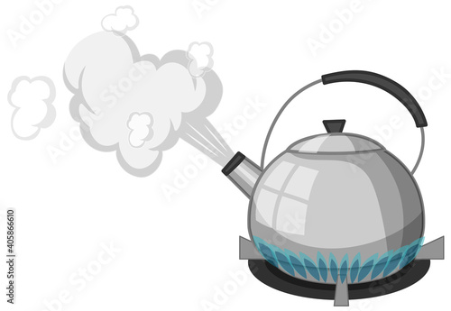 Stainless steel kettle with boiling water on stove cartoon style isolated on white background