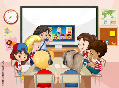 Children using laptop for communicate video conference with teacher and friends in the classroom scene