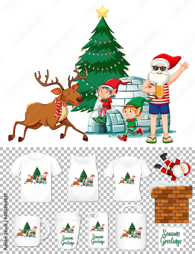 Santa Claus dancing cartoon character with set of different clothes and accessories products on transparent background