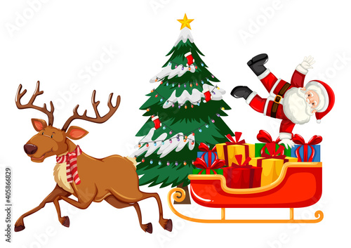 Santa Claus with many gifts on a sleigh with reindeer on white background