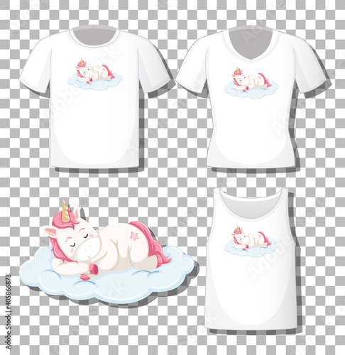 Cute unicorn sleep on the cloud cartoon character with set of different shirts isolated on transparent background