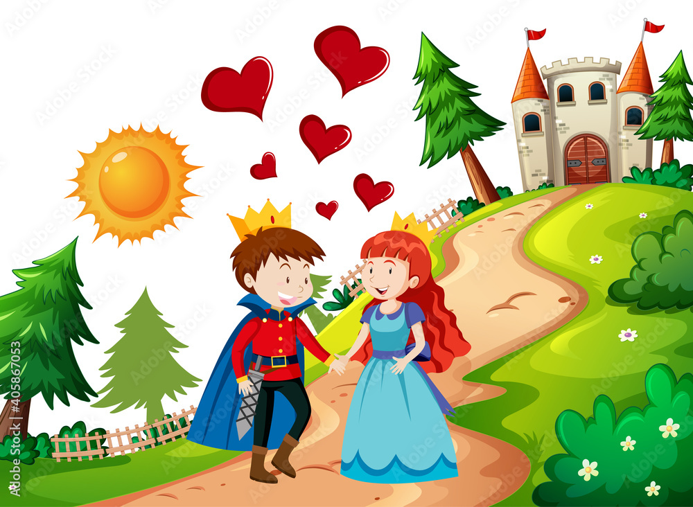 Prince and princess with the castle in nature scene