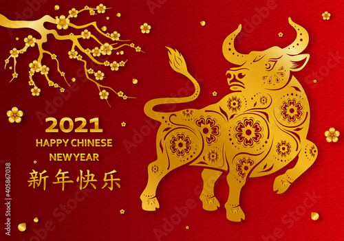 Chinese New Year 2021, year of the Ox vector design. flower and asian elements with. (Chinese translation : Happy chinese new year 2021, year of ox)
