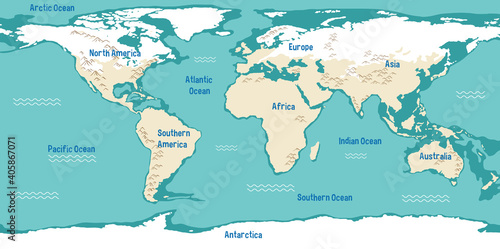 World map with continents names and oceans