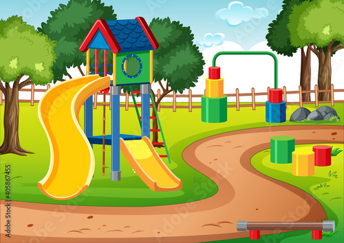 Blank kids playground with slides in the scene