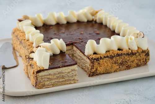 Quadro em tela Piece of Russian shortbread cake Leningrad poured with chocolate and sprinkled with peanuts