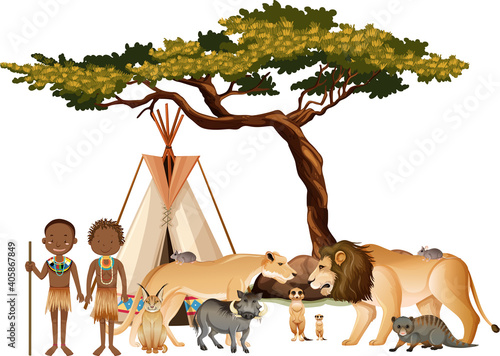 Canvas Print African tribe with group of wild african animal on white background