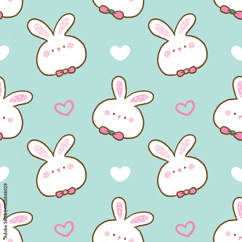 Seamless Pattern with Cartoon Rabbit Face and Heart Illustration Design on Pastel Green Background Seamless Pattern with Cartoon Rabbit Face and Heart Illustration Design on Pastel Green Background