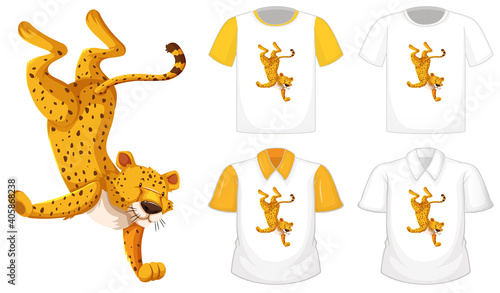 Leopard in dancing position cartoon character with many types of shirts on white background
