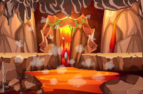Infernal dark cave with lava scene