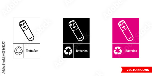 Batteries electrical recycling sign icon of 3 types color, black and white, outline. Isolated vector sign symbol.