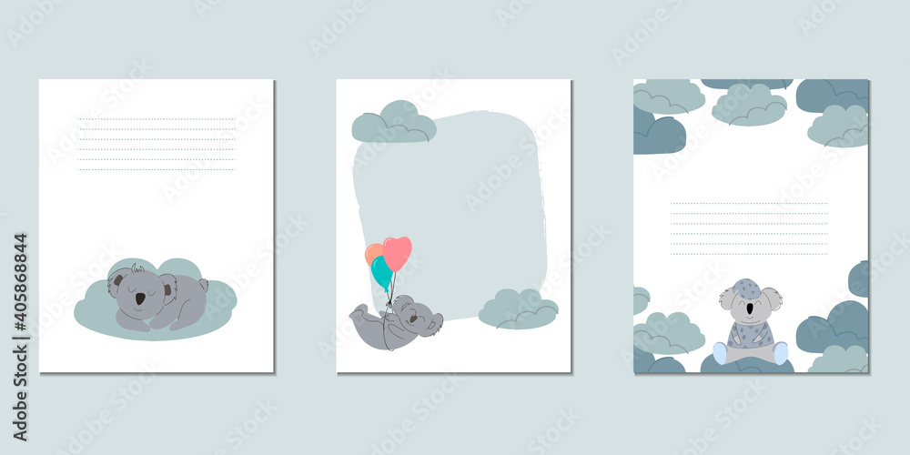 Set of vector baby cards with koalas. Templates for text for a children's party, baby shower, cards, invitations, diplomas.
