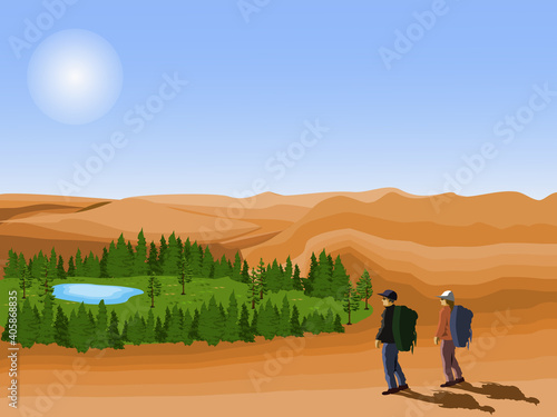 Two tourists looking at the desert oasis with blue sky background.
