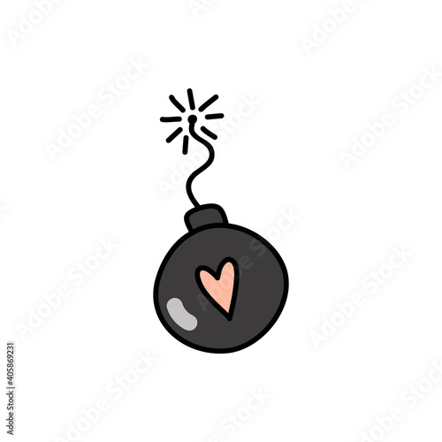 A burning black bomb with a pink heart. Valentine's day concept. Linear colored doodle style. Vector on isolated white background. For printing on cards, invitations, tattoo, clothing design