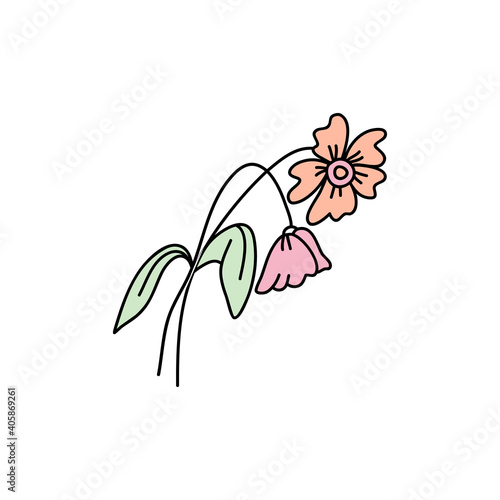 A withered bouquet of flowers. The symbol of the end of love. Valentine's day concept. Linear colored doodle style. Vector on isolated white background. For printing on cards, invitations, tattoo, clo