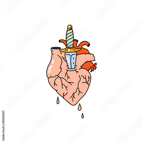 Human anatomical heart with a knife. Valentine day concept. Broken heart. Linear colored doodle style. Vector on isolated white background. For printing on cards, invitations, tattoos, fashion design.