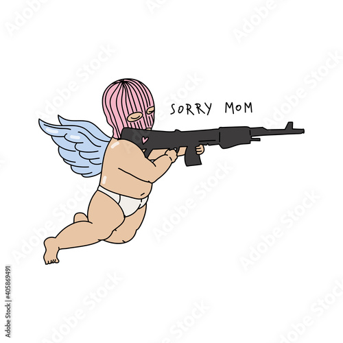 Little masked Cupid fires a weapon. Valentine's day concept. Linear colored doodle style. Vector on isolated white background. For printing on cards, invitations, tattoo, clothing design