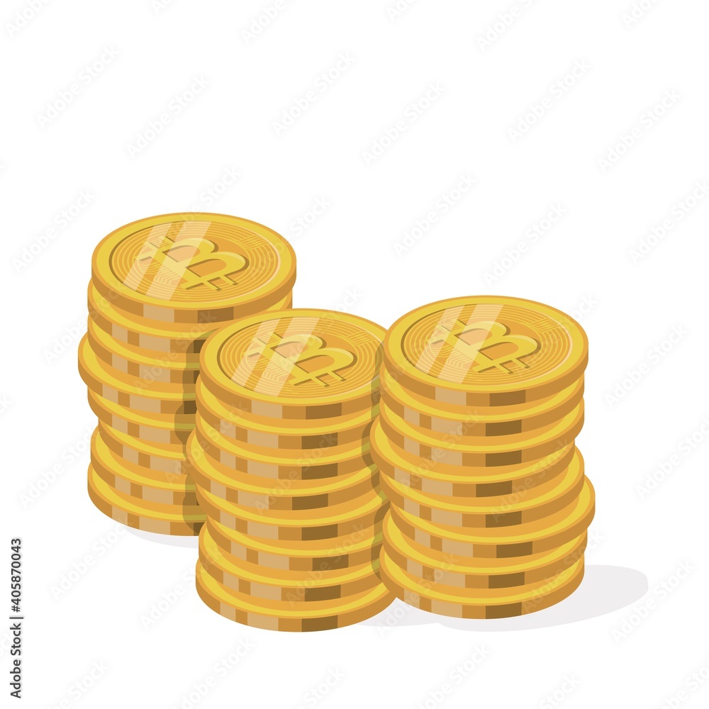 Cryptocurrency golden money digital blockchain symbol isolated on white. Digital currency. Stack of golden coin with bitcoin symbol. Flat design style. Vector illustration. Cryptocurrency golden money digital blockchain symbol isolated on white. Digital currency. Stack of golden coin with bitcoin symbol. Flat design style. Vector illustration.