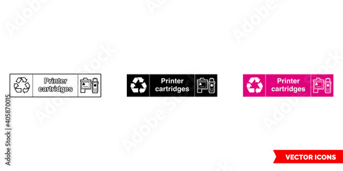 Printer cartridges landscape electrical recycling sign icon of 3 types color, black and white, outline. Isolated vector sign symbol.