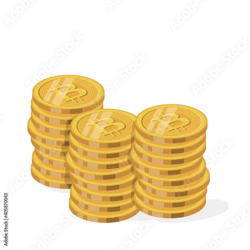 Cryptocurrency golden money digital blockchain symbol isolated on white. Digital currency. Stack of golden coin with bitcoin symbol. Flat design style. Vector illustration.