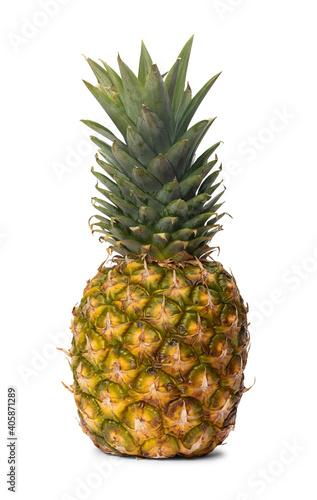 Ripe juicy pineapple with dry leaves isolated on white background.