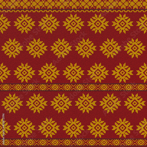 Embroidered good cross-stitch pattern for embroidery. Ukrainian ethnic ornament. ethnic handmade embroidery in red color. 3D-rendering