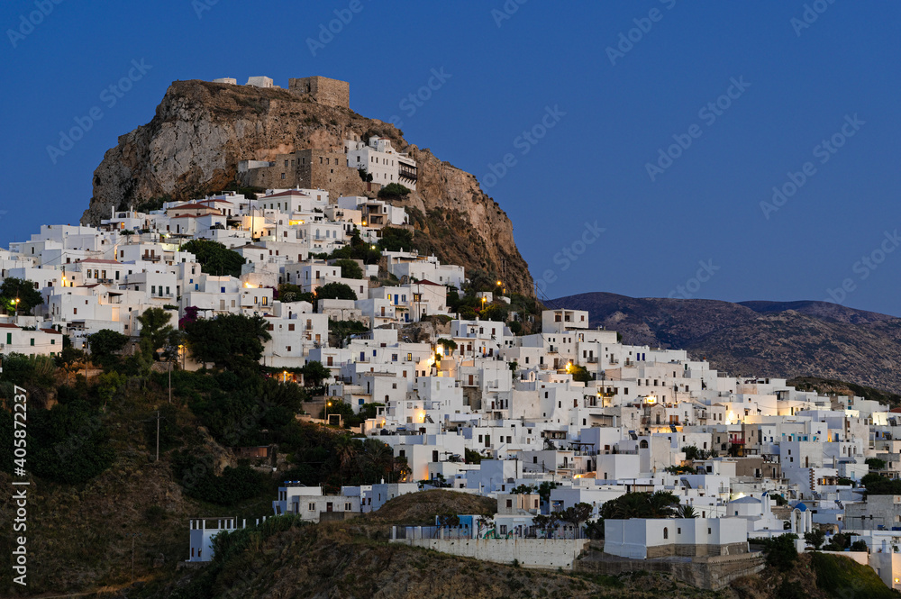 Distant view of Skyros town or Chora, the capital of Skyros island in Greece at dusk